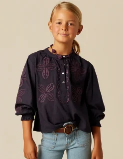 Fashion CAMISA AZUL BORDADO FLOR Camisas